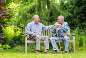 seniors sitting together on a park bench